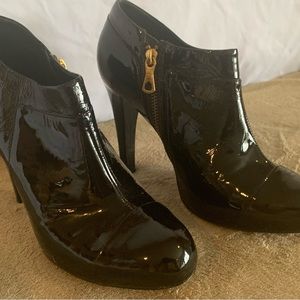BCBG black patent, leather bootie heels, size 8 1/2
